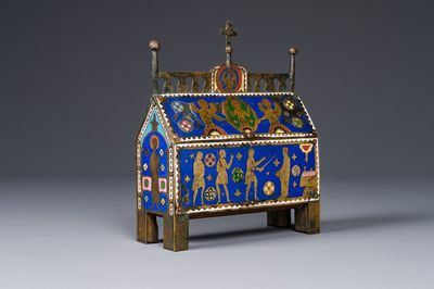 A Limoges champlevé enamel reliquary casket depicting the murder of Thomas Becket, France