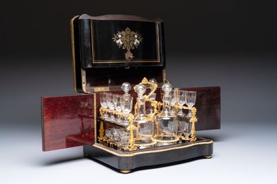 A liqueur cabinet or cave à liqueur with Boulle and mother-of-pearl inlay, 19th C.