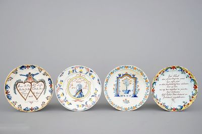 A lot of 4 polychrome Dutch Delft plates incl. a royal portrait plate, 18th C.