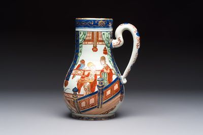 A magnificent polychrome Dutch Delft chinoiserie ewer, first quarter 18th C.