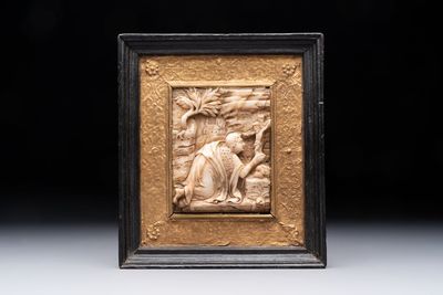 A Malines alabaster carving with Mary Magdalene, illegibly signed, ca. 1600