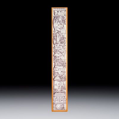 A manganese Dutch Delft 12-piece tile pillar with cherubs, 18th C.