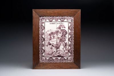A manganese Dutch Delft 'Marcus Curtius' tile mural, probably Aalmis, Rotterdam, 18th C.