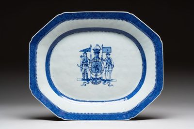 A massive Chinese blue and white armorial charger with the arms of Hughes for the English market, Qianlong, ca. 1790