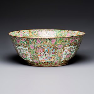 A massive Chinese Canton export famille rose punch bowl with narrative design — photo 1