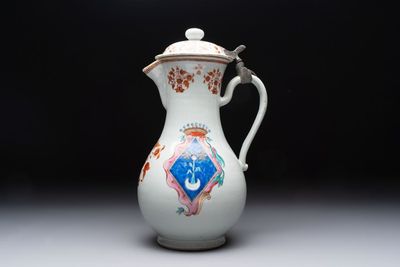 A massive Chinese famille rose armorial ewer with the arms of Faverolles for the French market, Qianlong, ca. 1765