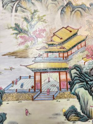 A massive Chinese famille rose 'mountainous landscape' plaque, 20th C. — 照片 15