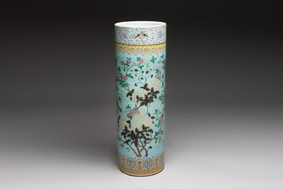 A massive Chinese famille rose turquoise-ground cylindrical vase with floral design, 19th C.