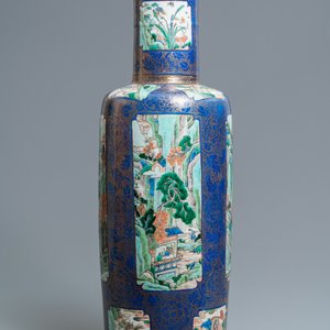 A massive Chinese famille verte on powder blue-ground rouleau vase, Kangxi — photo 5