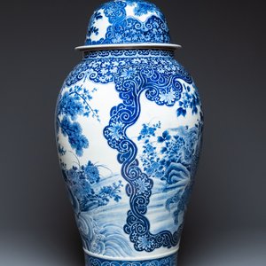 A massive Japanese blue and white Arita vase and cover with an eagle, a shishi and cub, 19th C. — photo 2