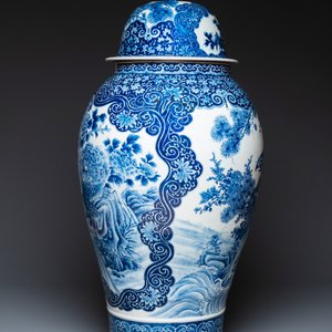 A massive Japanese blue and white Arita vase and cover with an eagle, a shishi and cub, 19th C. — photo 4