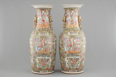 A massive pair of Chinese Canton famille rose floor vases, 19th C.