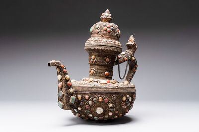 A massive Tibetan stone-inlaid copper filigree ewer and cover, 19/20th C.