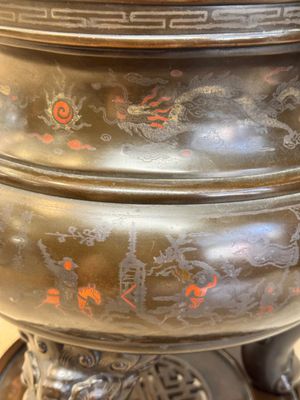 A massive Vietnamese copper- and silver-inlaid 'Buddhist lion' censer and cover on stand, 19th C. — photo 13