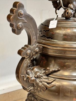 A massive Vietnamese copper- and silver-inlaid 'Buddhist lion' censer and cover on stand, 19th C. — photo 15