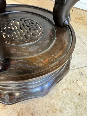A massive Vietnamese copper- and silver-inlaid 'Buddhist lion' censer and cover on stand, 19th C. — photo 30