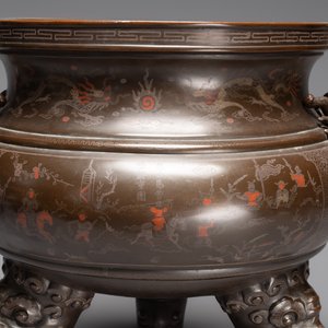 A massive Vietnamese copper- and silver-inlaid 'Buddhist lion' censer and cover on stand, 19th C. — photo 9