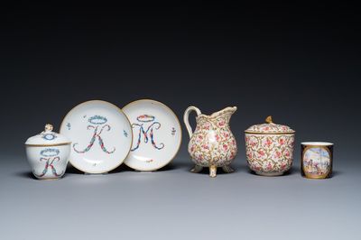 A Meissen porcelain covered bowl and two saucers, a Sèvres-style milk jug, a covered bowl and a cup, Germany and France, 19/20th C.