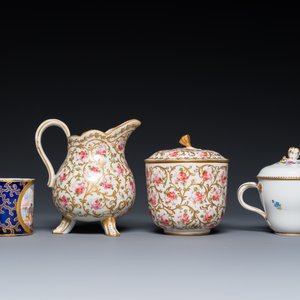 A Meissen porcelain covered bowl and two saucers, a Sèvres-style milk jug, a covered bowl and a cup, Germany and France, 19/20th C. — photo 4