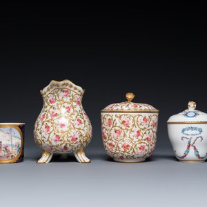 A Meissen porcelain covered bowl and two saucers, a Sèvres-style milk jug, a covered bowl and a cup, Germany and France, 19/20th C. — photo 6