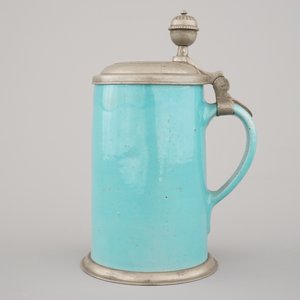 A monochrome turquoise beer stein with pewter lid, 18th C., Bunzlau (?) — 照片 2