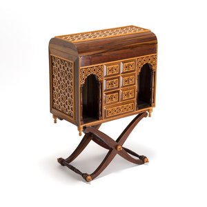 A Moorish-style wooden chest on stand with mirrors and geometric patterns — photo 1
