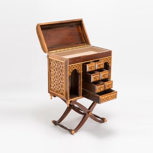 A Moorish-style wooden chest on stand with mirrors and geometric patterns — photo 2