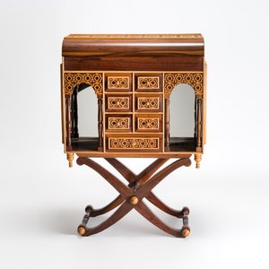 A Moorish-style wooden chest on stand with mirrors and geometric patterns — photo 3