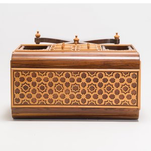 A Moorish-style wooden chest on stand with mirrors and geometric patterns — photo 8