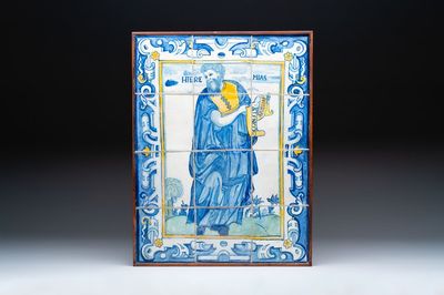 A mounted blue, white and yellow 'Jeremiah' tile mural, Spain or Portugal, 18th C.