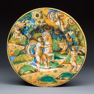 A mythological Italian maiolica istoriato plate with 'Saturn and Philyra' — photo 1