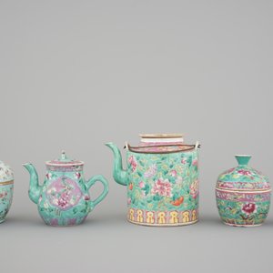 A nice set of Chinese turquoise ground famille rose Peranakan straits porcelain including teapots, 19/20th C. — foto 2