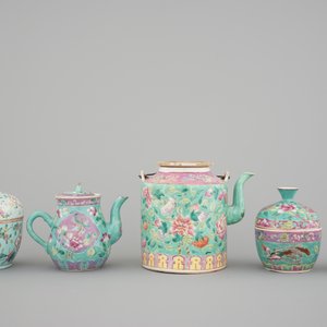 A nice set of Chinese turquoise ground famille rose Peranakan straits porcelain including teapots, 19/20th C. — foto 4