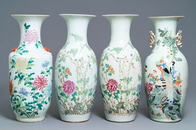 A pair and two individual Chinese famille rose vases with birds and butterflies among flowers, 19th C.