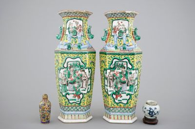 A pair of 19th C. Chinese famille jaune hexagonal vases, a cloisonne snuff bottle and a Ming Dynasty jarlet