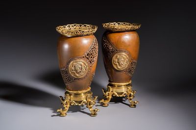 A pair of Belgian bronze and ormolu-mounted Japonism vases, Compagnie des Bronzes de Bruxelles, 19th C.