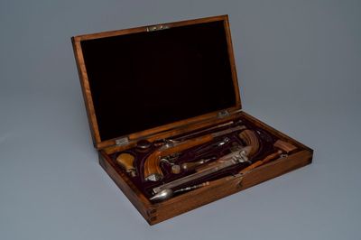 A pair of Belgian engraved flintlock dueling pistols, prob. Liège, 19th C.