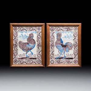 A pair of blue and manganese Dutch Delft tile murals with a hen and a rooster — photo 1