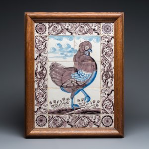 A pair of blue and manganese Dutch Delft tile murals with a hen and a rooster — photo 2