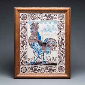 A pair of blue and manganese Dutch Delft tile murals with a hen and a rooster — photo 4