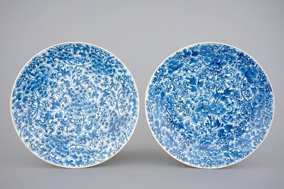 A pair of blue and white Chinese porcelain peony scroll dishes, Kangxi, 18th C.