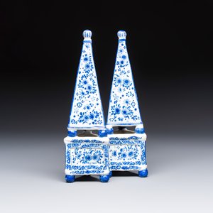 A pair of blue and white Dutch Delft obelisks with floral design — photo 1