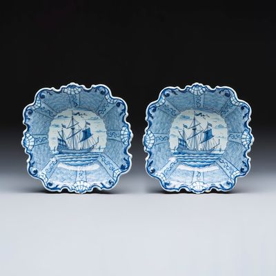 A pair of blue and white Dutch Delft square bowls with maritime design, 18th C., 18th C.