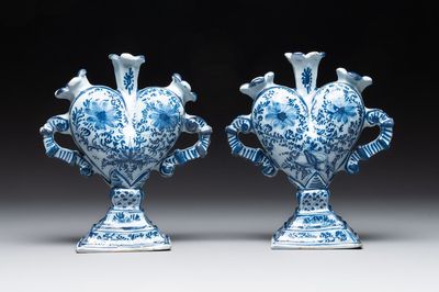 A pair of blue and white German Delftware heart-shaped tulip vases, 18th C.