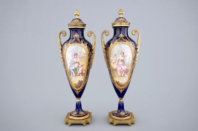 A pair of bronze-mounted signed and marked Sèvres porcelain vases, 19th C.