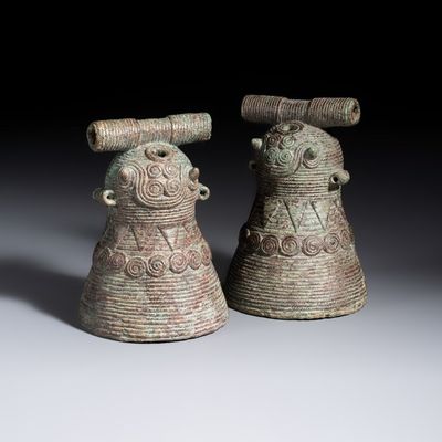 A pair of bronze water buffalo bells, Cambodia, Battambang province, Dong Son, 1st C. B. C