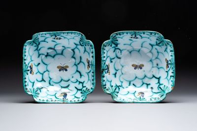 A pair of Brussels faience salad bowls with butterflies and caterpillars, 18th C.