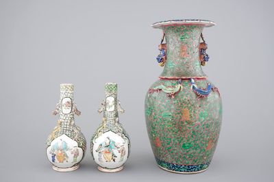 A pair of Canton famille verte vases and a pink ground Canton vase, 19th C.