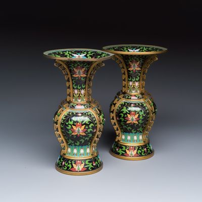 A pair of Chinese archaistic cloisonné vases with floral design, Republic
