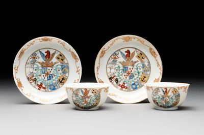 A pair of Chinese armorial cups and saucers with the arms of 'Van Reverhorst' for the Dutch market, Qianlong, ca. 1745